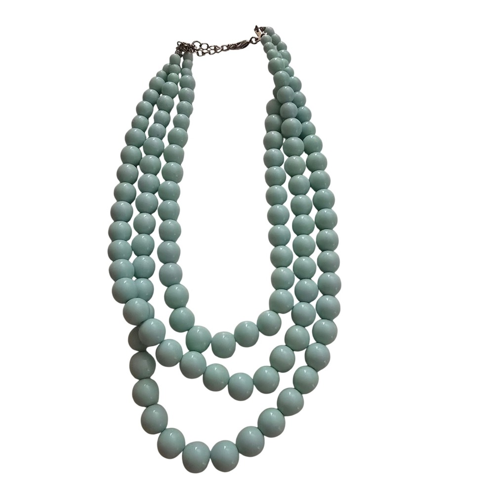 Mint Green Three Strand Bead Statement Necklace Gold Tone Adjustable Clasp